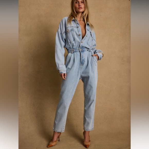 12th Tribe Hendrix Belted Denim Jumpsuit Light Wash Small Medium - Picture 1 of 14